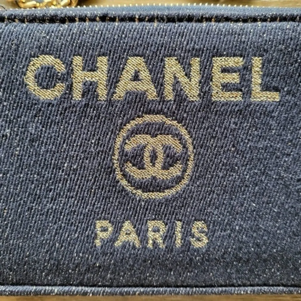 Chanel Deauville Navy Blue Denim Gold Chain Crossbody Pouch Bag Box Dust Bag
